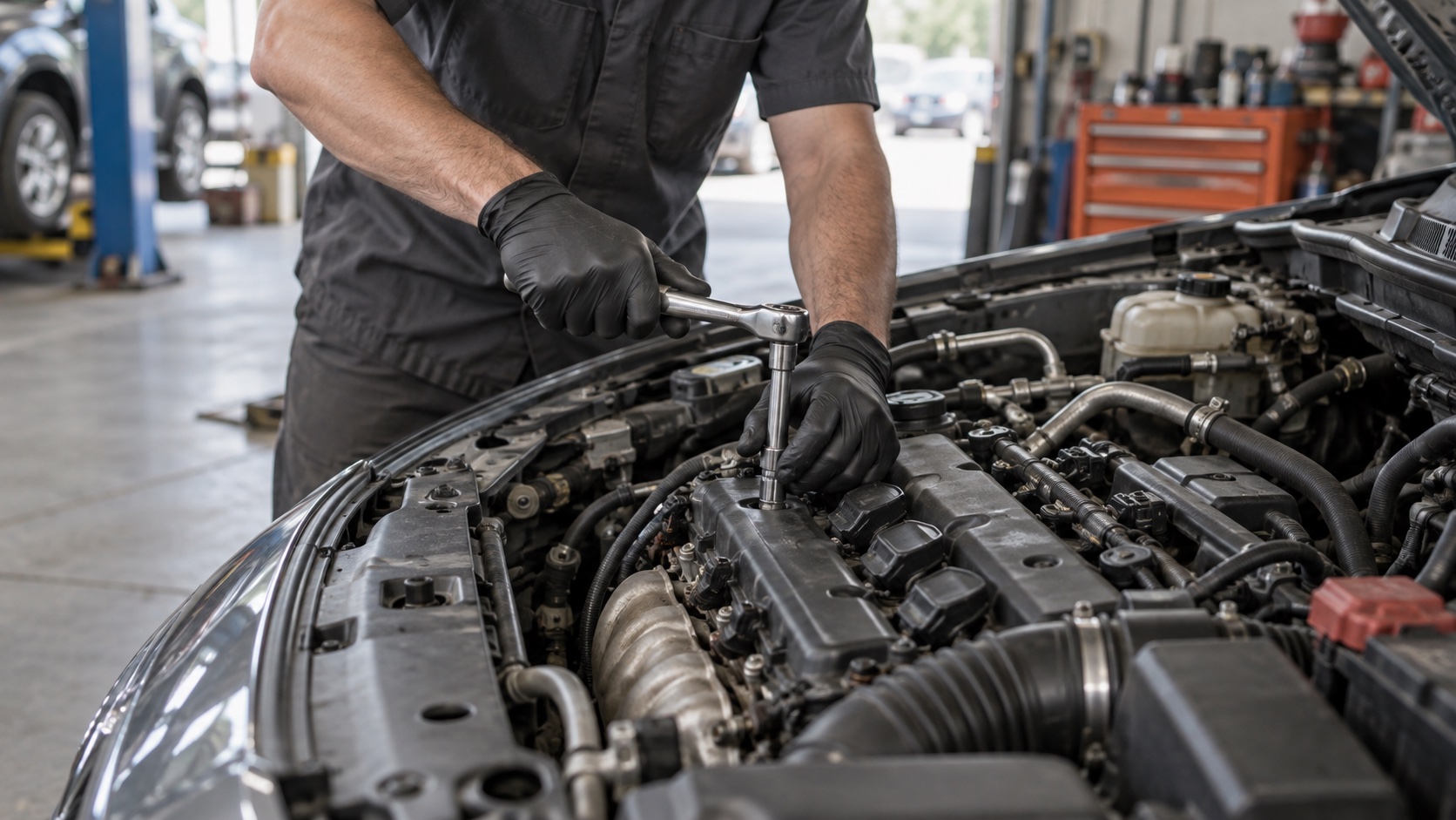 Illustrative scene of a technician working in an engine bay